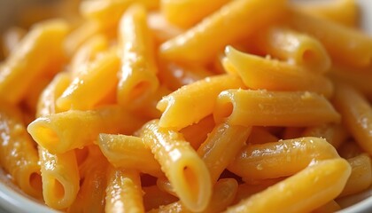 Close-up of penne pasta in bowl. Cooked macaroni with cheese sauce. Italian cuisine meal. Healthy eating concept. Pasta dish, carbs. Delicious lunch dinner, food photography. Perfect for menus,