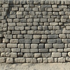 Ancient, gray, mud brick wall.  Close-up view of textured,  rectangular,  masonry
