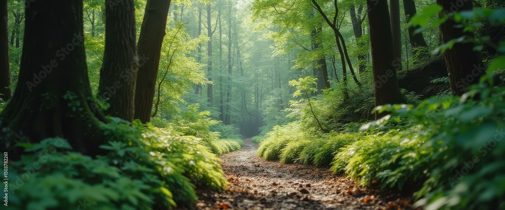 Poster Tranquil woodland path with soft light filtering through lush green trees, creating a peaceful natural scene