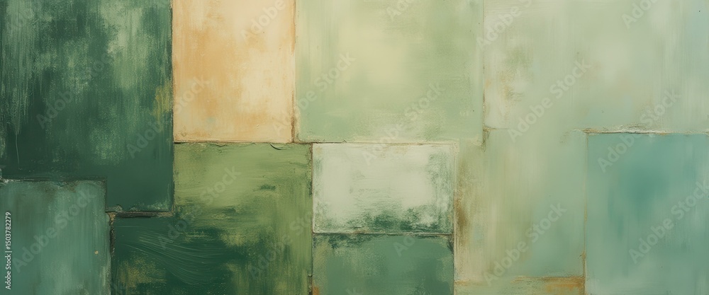 Poster green and yellow abstract wall art design featuring rustic paint textures and geometric block shapes