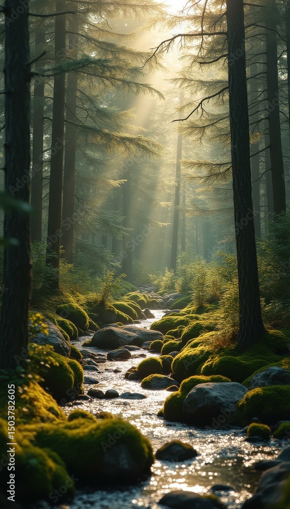 Aufkleber Sunlight filters through trees illuminating a mossy river flowing through a serene forest.