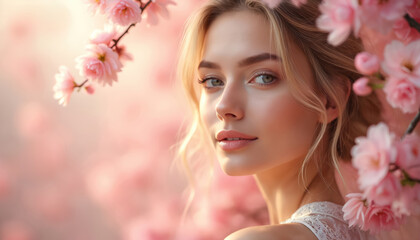 Fototapeta premium Beautiful woman in floral spring background. Natural beauty, soft skin, healthy face, fresh makeup, and cheerful expression. Pink flowers blossoms. Concept of beauty, skincare, health, joy, happiness.
