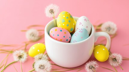Fototapeta premium Easter eggs of different colors in cup on white background. Easter eggs in pastel colors. 