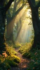 Schapenvacht deken Enchanted Forest Path with Sunbeams and Flowers - Fantasy Landscape © vadosloginov