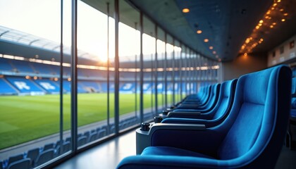 VIP seating sports stadium. Blue seats with view to green grass field. Luxury area for sports games, concerts. Exclusive event, comfortable chairs. Premium experience for fans.