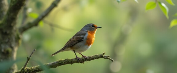 Fototapeta premium European Robin Perched on Mossy Branch in Forest, Close-Up Bird Portrait