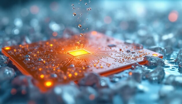 Orange circuit board submerged in water. Futuristic tech concept with liquid cooling system. Computer chip detail, microchip component, electrical digital system, hardware innovation. Modern science