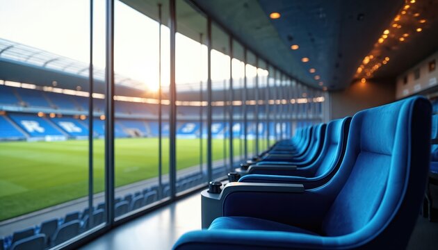VIP seating sports stadium. Blue seats with view to green grass field. Luxury area for sports games, concerts. Exclusive event, comfortable chairs. Premium experience for fans.