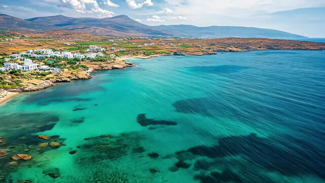 Breathtaking aerial view of Paros island showcasing the stunning turquoise sea and sandy beaches, Aerial panorama of greek island Paros Beautiful sea coast of Aegean sea