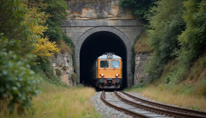 Train emerges from tunnel surrounded by rich green plants, rocky cliffs. Railway transport runs through nature landscape. Travel, tourism, infrastructure, adventure concept. Dynamic journey, outdoor
