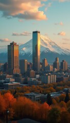 Naklejka premium Scenic View of Cityscape with Skyscrapers and Mountain Backdrop at Sunset, Illuminated by Golden Light, in Autumn