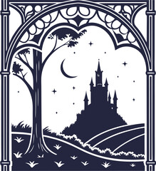 Nighttime Castle Silhouette with Crescent Moon Framed by Ornate Arch and Tree Design © nusyer