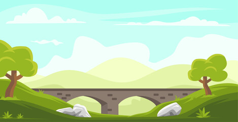  A stone bridge spans a valley with rolling green hills and trees.