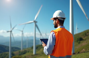 Indian engineer, wearing a white helmet, orange vest, controls wind turbine farm, using tablet. Modern renewable energy eco-friendly tech innovation generating green electricity. Alternative power.