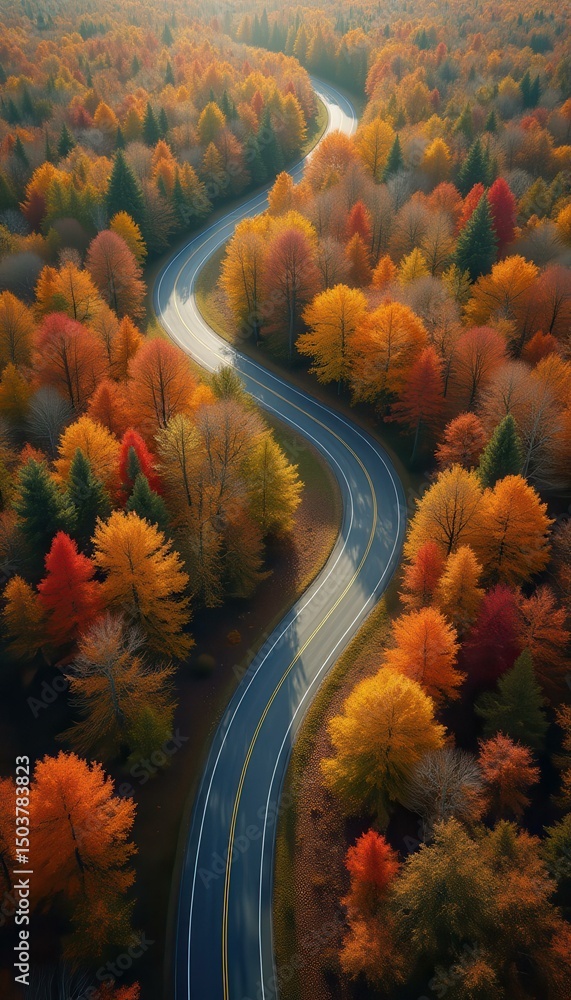 Aufkleber aerial view of a winding asphalt road cutting through a vibrant autumn forest with colorful deciduou