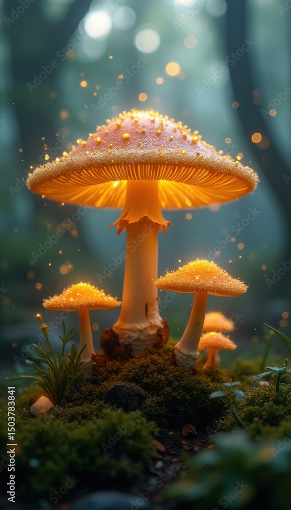 Poster Enchanted mushrooms in a magical forest with glowing specks of light creating a whimsical scene