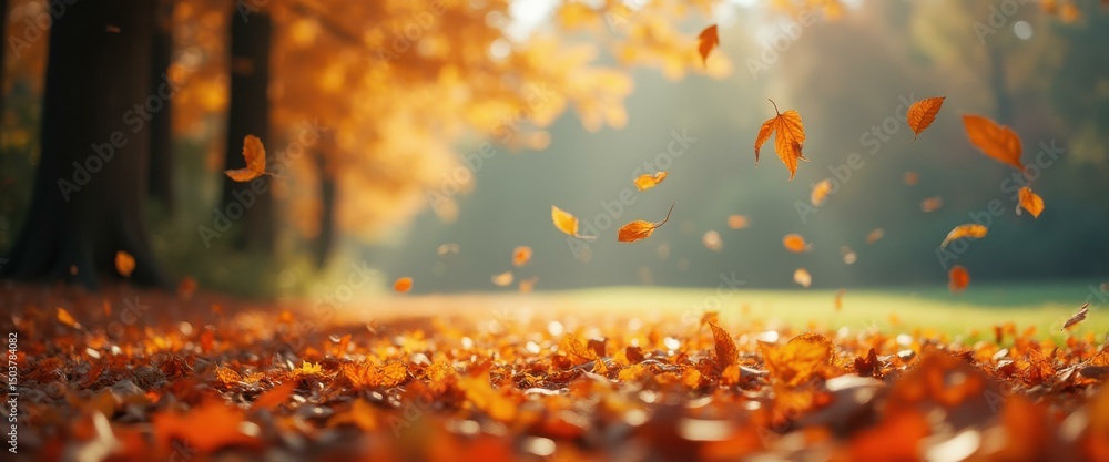 Aufkleber golden autumnal landscape with falling leaves and soft sunlight streaming through trees in a forest 