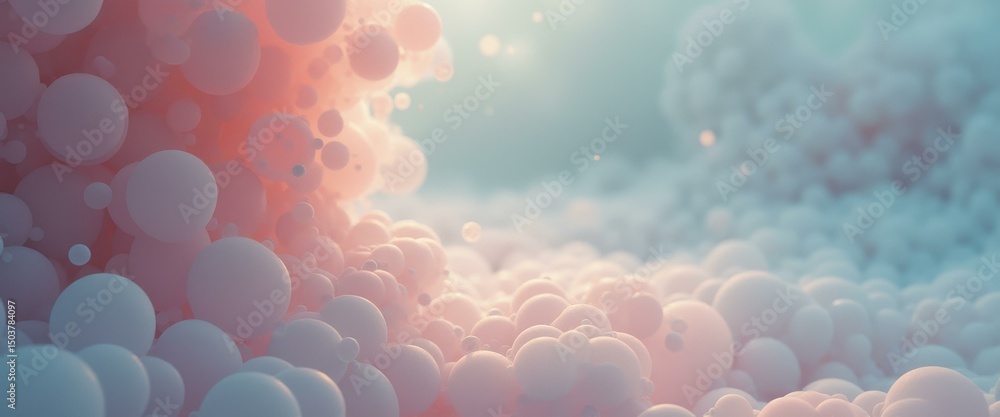 Poster pastel spheres cluster: dreamy abstract background with soft light and floating bubbles for design a