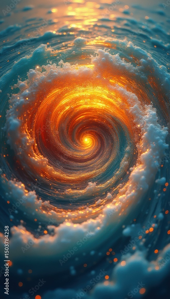Fototapete abstract swirling vortex of blue ocean water and fiery orange light creating a dynamic and surreal v