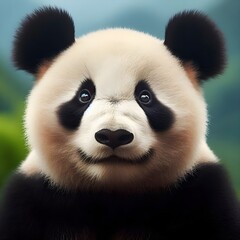 Fototapeta premium A Heartwarming Close-Up of an Adorably Fluffy Panda Cub with Wide Innocent Eyes and a Soft Expression in a Lush Mountain Forest