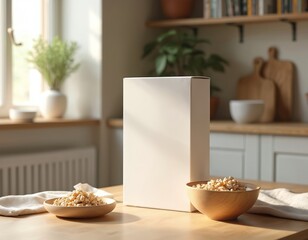 White cereal box mockup on table in bright kitchen interior. Wooden bowls with cereal, kitchen background. Ideal for product branding, design presentation. Healthy breakfast food display.