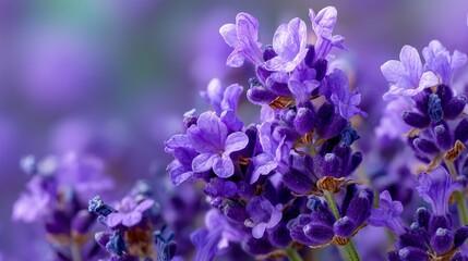 A close up of purple lavender flowers with a soft blurred background in a natural setting outdoors