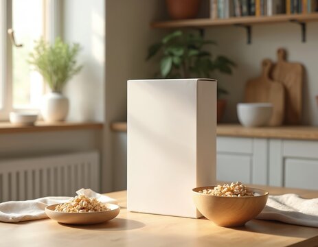 White cereal box mockup on table in bright kitchen interior. Wooden bowls with cereal, kitchen background. Ideal for product branding, design presentation. Healthy breakfast food display.