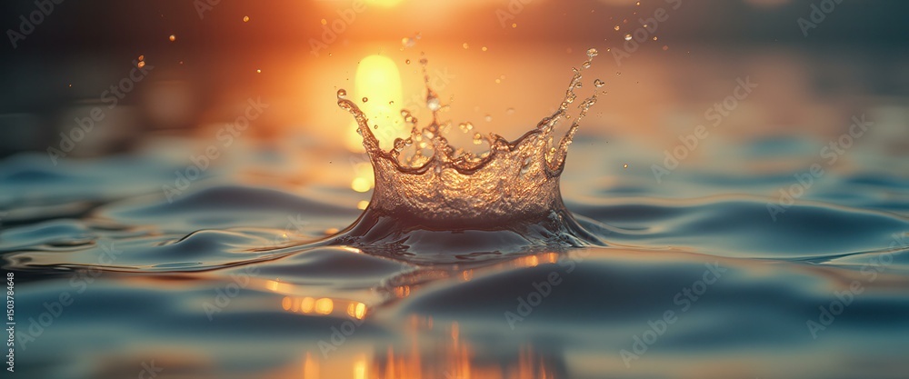 Aufkleber Golden water splash at sunset creates crown shape in tranquil setting with warm light and soft reflections