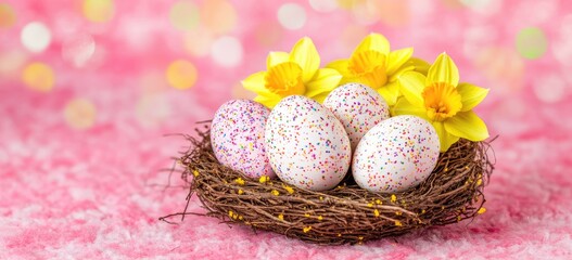 Colorful Easter eggs in a nest, with daffodils