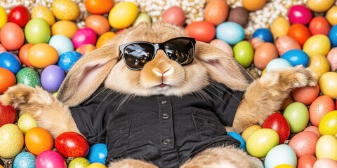 Relaxed bunny in sunglasses surrounded by colorful Easter eggs