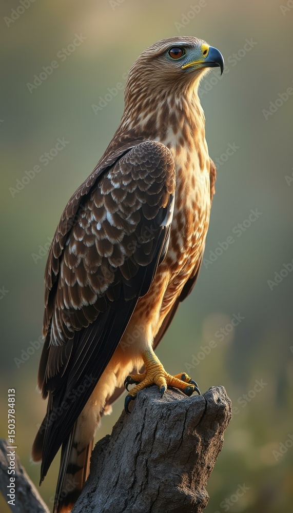 Poster majestic brown hawk perched attentively on a weathered tree stump, showcasing detailed feathers and 