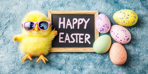 Cute chick in sunglasses, happy Easter message, colorful eggs
