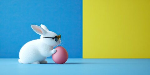Playful white bunny in sunglasses holds a pink egg, against a vibrant blue and yellow backdrop