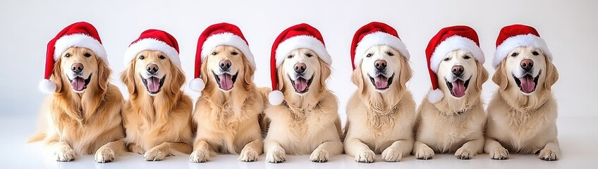 Festive golden retrievers in Santa hats
