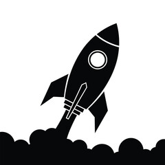 Black rocket ship launching into space icon