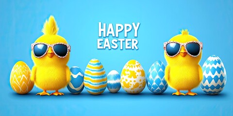 Cute yellow chicks in sunglasses with Easter eggs