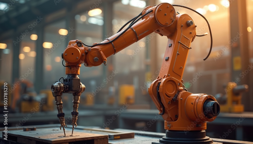 Poster robotic arm operating in industrial setting. automated machinery, tech automation in factory product
