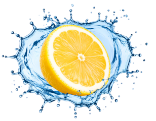 Lemon slice in water splash on transparent background.
