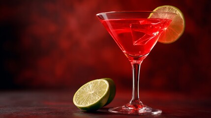 Close up of a red cocktail in a martini glass with a lime wedge against a red blurred background