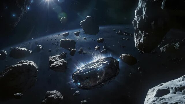 Incredible journey through a dense asteroid field showcasing space mining operations and celestial wonders