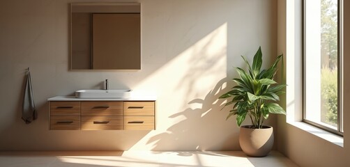 Modern bathroom interior design. Vanity with quartz countertop, rectangle washbasin. Wooden cabinet drawers, mirror. Window sunlight, leaf shadow, plant. Home decor, architecture, interior design.