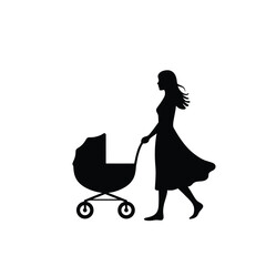 Mother silhouette walking with baby stroller