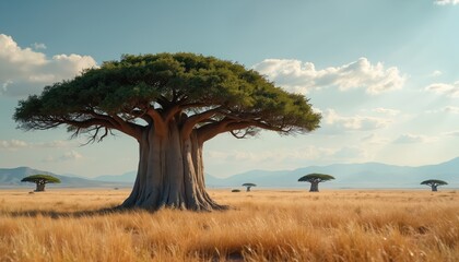 Baobab tree in African savanna. Huge tree with thick trunk and green foliage against sky with clouds. Exotic plants in the desert landscape. Travel, nature, eco concept. Africa, safari.