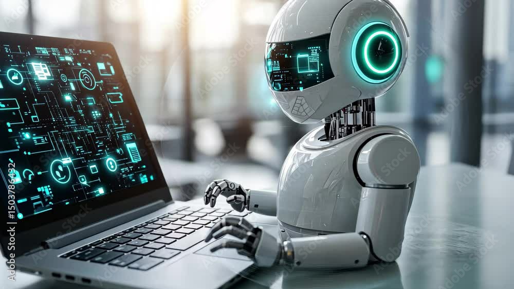 Poster ai chatbot interacts with laptop to provide instant answers in a modern office setting, ai chatbot u