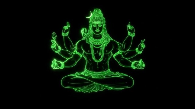 Lord shiva wallpaper with a neon green outline, depicting a sixarmed deity. Perfect for spiritual backgrounds, posters, and religious designs.