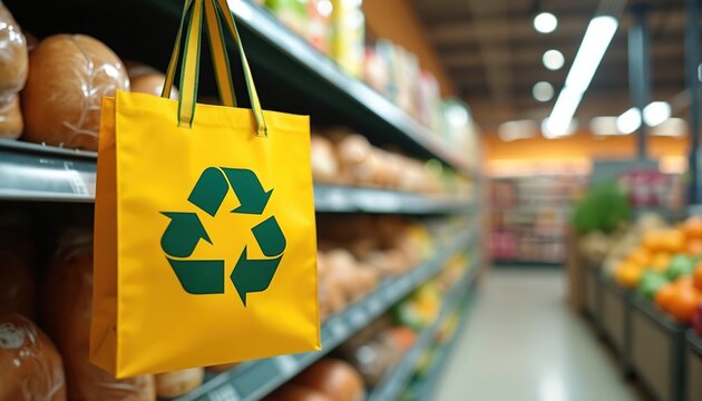 Yellow eco-friendly shopping bag with recycling symbol in grocery store. Sustainable shopping choice. Concept of waste reduction in supermarket. Environmentally conscious consumerism.