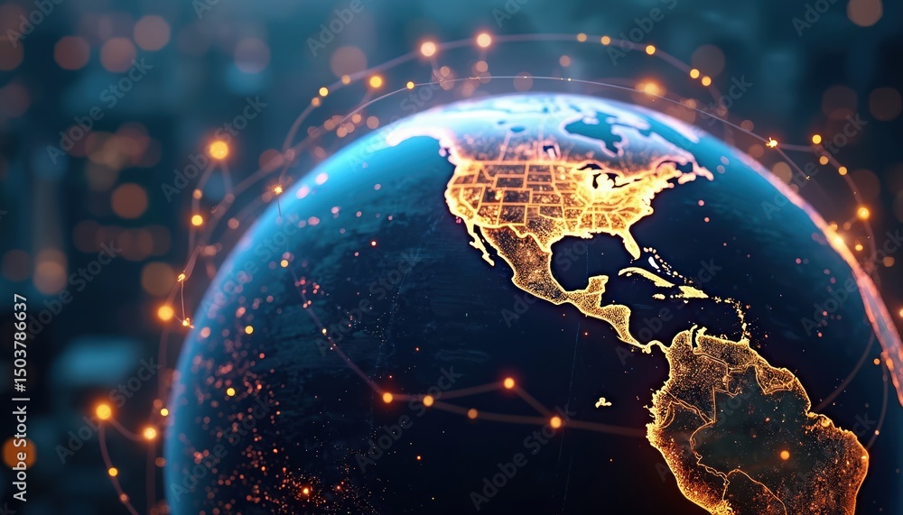 Poster digital globe high-speed data transfer, cyber technology in global network hub setting. earth with u