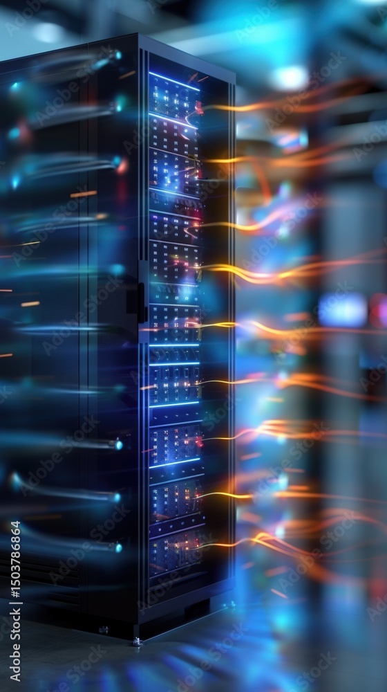 Poster high-speed data transfer event in a server room digital technology abstract environment close-up vie