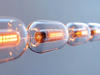 A 3D render of vitamins forming a glowing chain, suspended in clear liquid