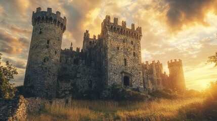 Stone castle with towers under a dramatic sky at sunset with a field in the foreground view outdoors